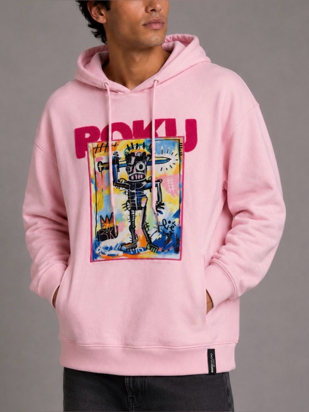 ROKU STUDIO • Pink Graphic Streetwear Pullover Hoodie, M